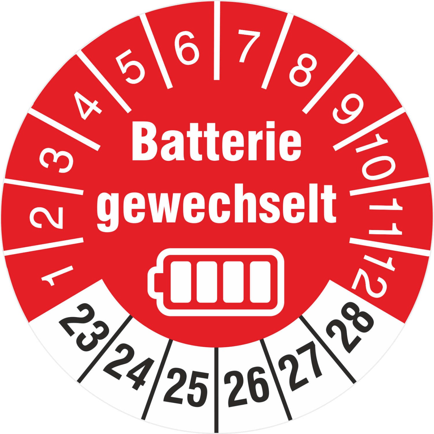 Prüfplaketten Batterie gewechselt Prüfetiketten 2023-2028 (Durchmesser: 18 mm)
