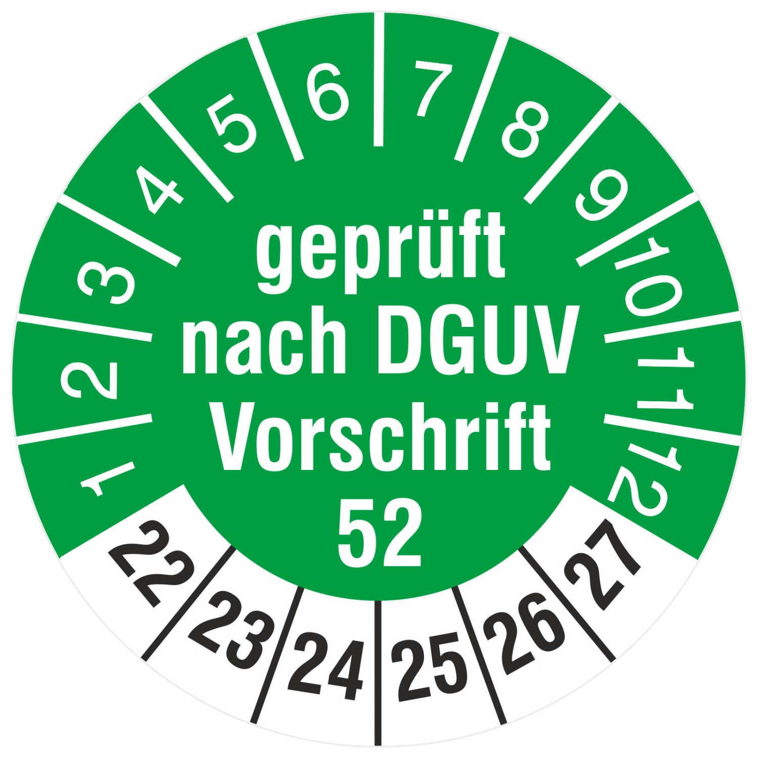 Prüfetiketten geprüft nach DGUV Vorschrift 52 Prüfplaketten 2022-27 (Durchmesser: 18 mm)