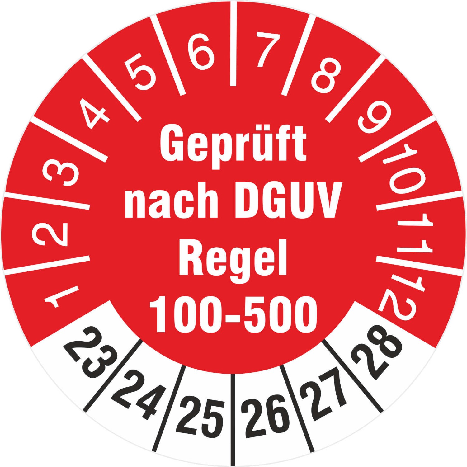Prüfetiketten geprüft nach DGUV Regel 100-500 Prüfplaketten 2023-28 (Durchmesser: 18 mm)