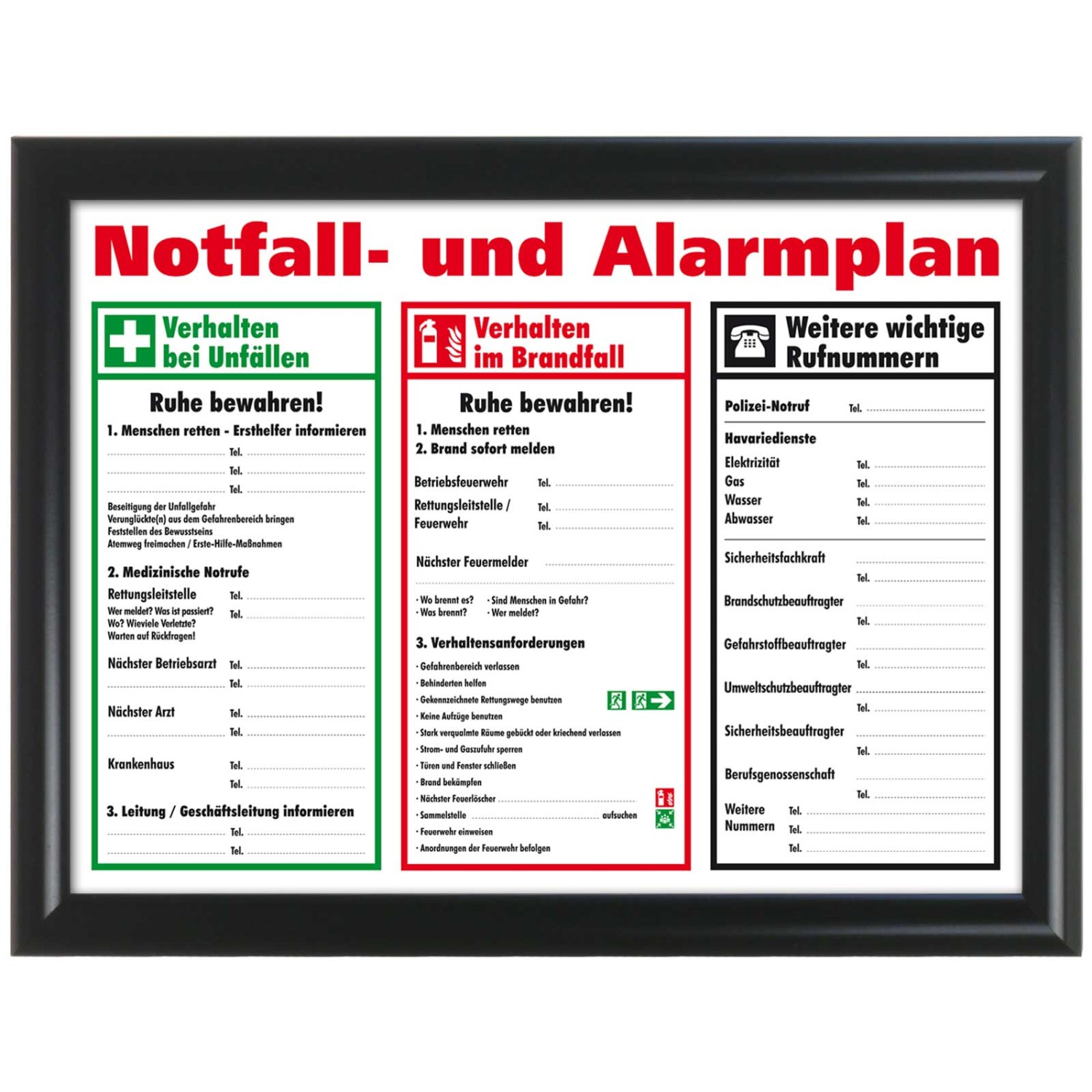 0. Foto Schild Aushang Notfallplan Alarmplan A4 A3 gerahmt zum beschriften (Format und Farbe: schwarz A4 ca. 210 x 297 mm)