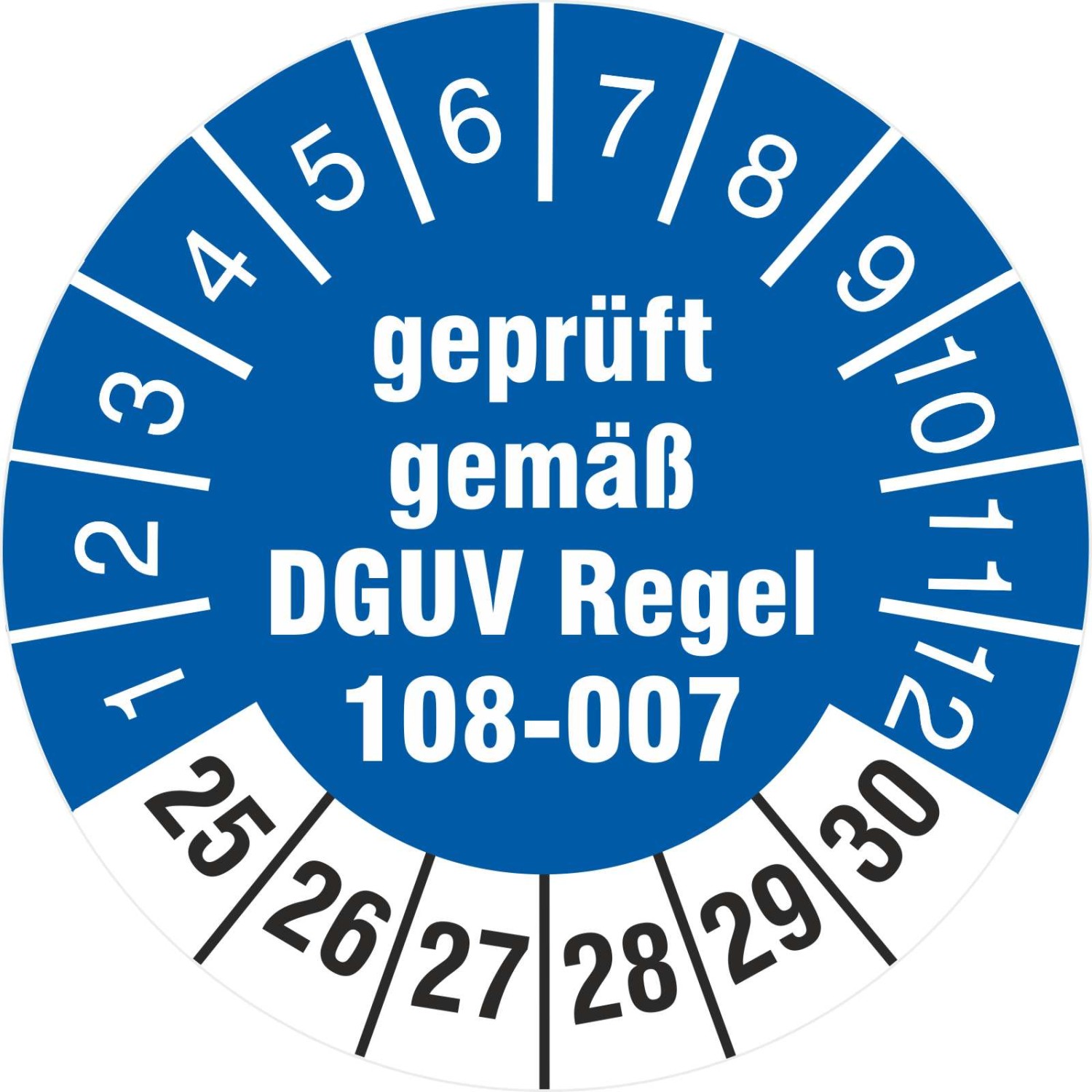 Prüfetiketten Lagereinrichtungen geprüft DGUV Regel 108-007 2025-2030 (Durchmesser: 18 mm)