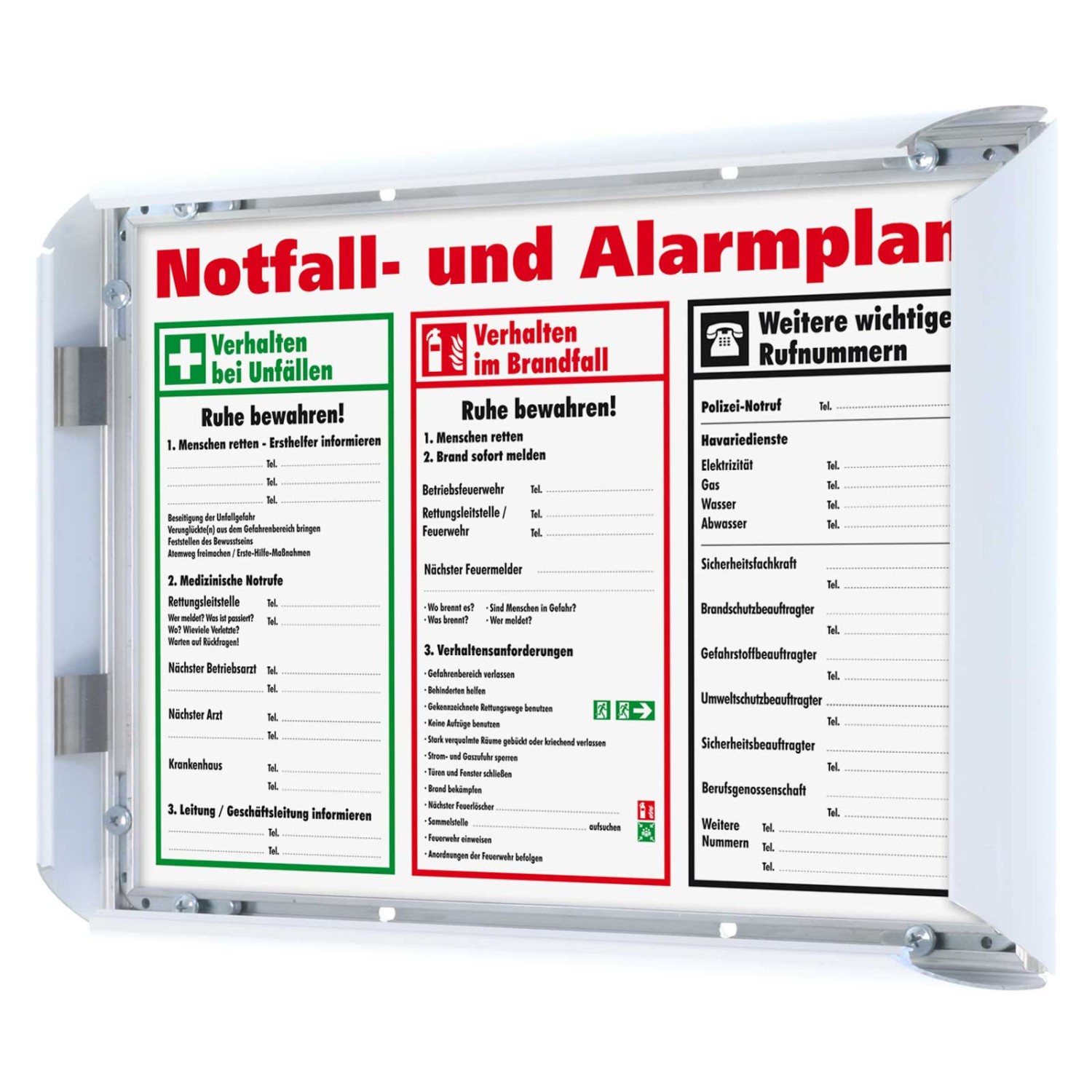 1. Foto Schild Aushang Notfallplan Alarmplan A4 A3 gerahmt zum beschriften (Format und Farbe: weiß A3 ca. 420 x 297 mm)