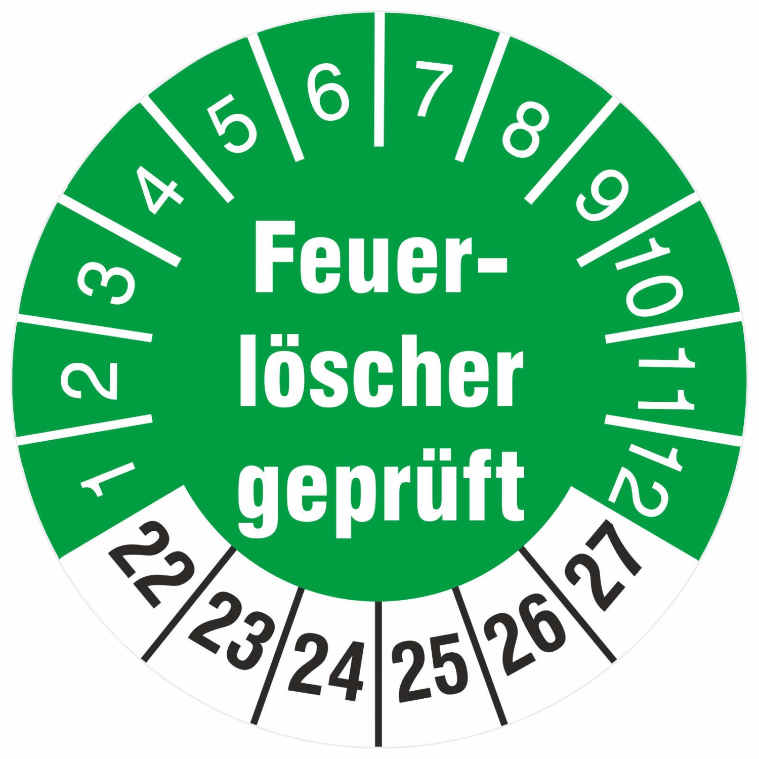 Feuerlöscher geprüft Prüfetiketten Prüfplaketten 2022 - 2027 (Durchmesser: 18 mm)