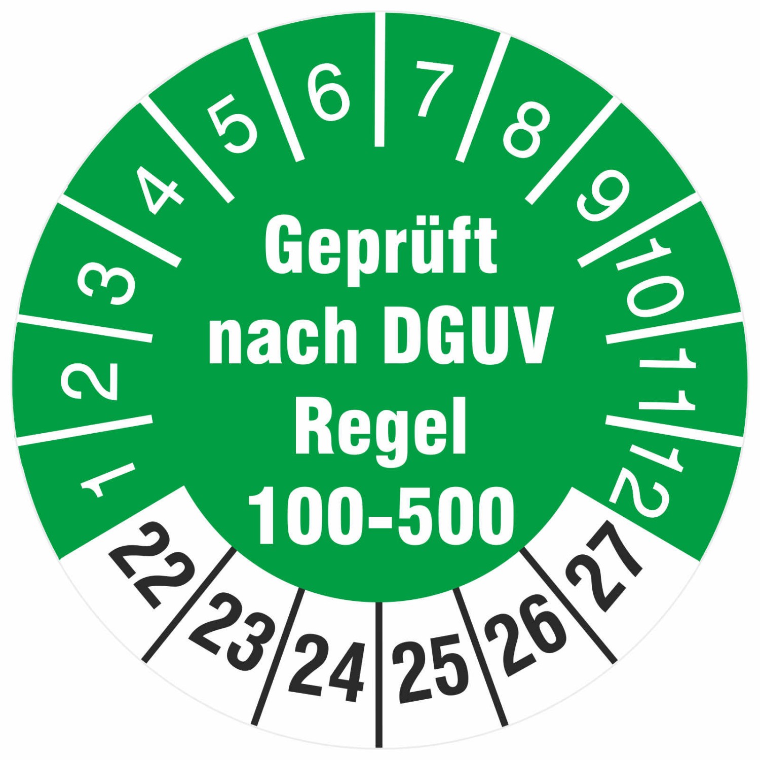 Prüfetiketten geprüft nach DGUV Regel 100-500 Prüfplaketten 2022-27 (Durchmesser: 18 mm)