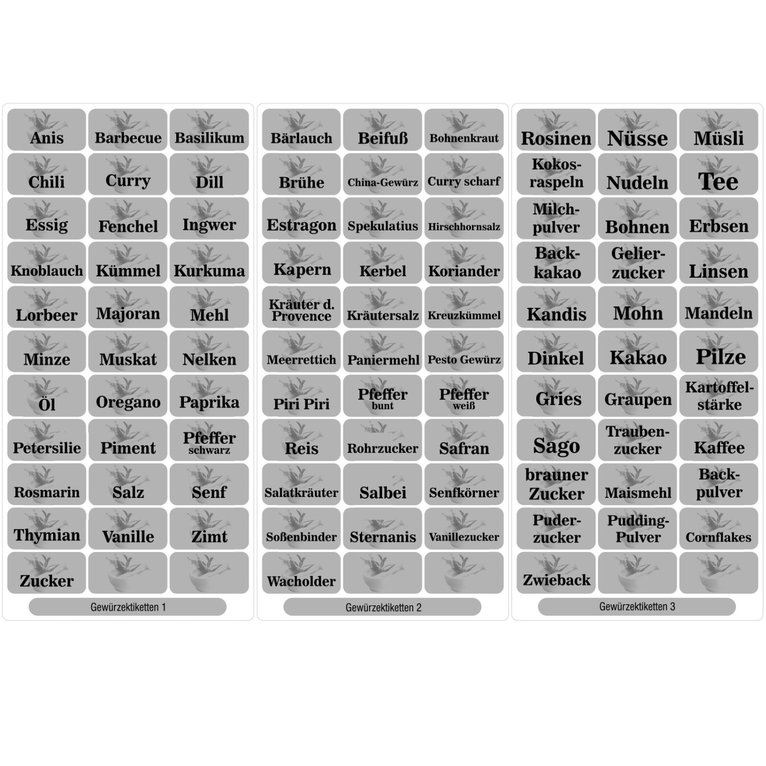 1. Foto Gewürzetiketten Vorratsetiketten 32x17mm (Farbe: silber Sorte (siehe Text): Teil 1, 2 und 3)