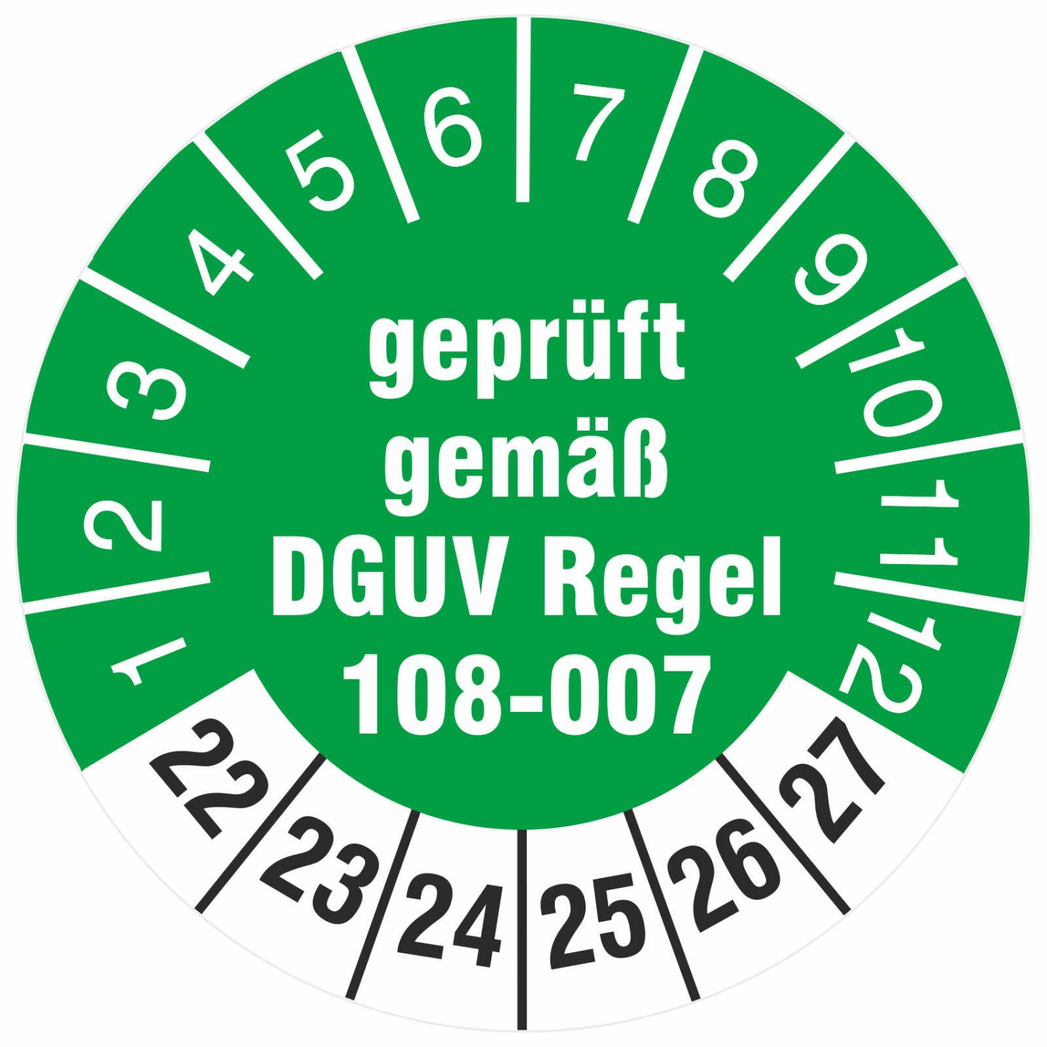 Prüfetiketten geprüft nach DGUV Regel 108-007 2022-27 Prüfplaketten (Durchmesser: 18 mm)