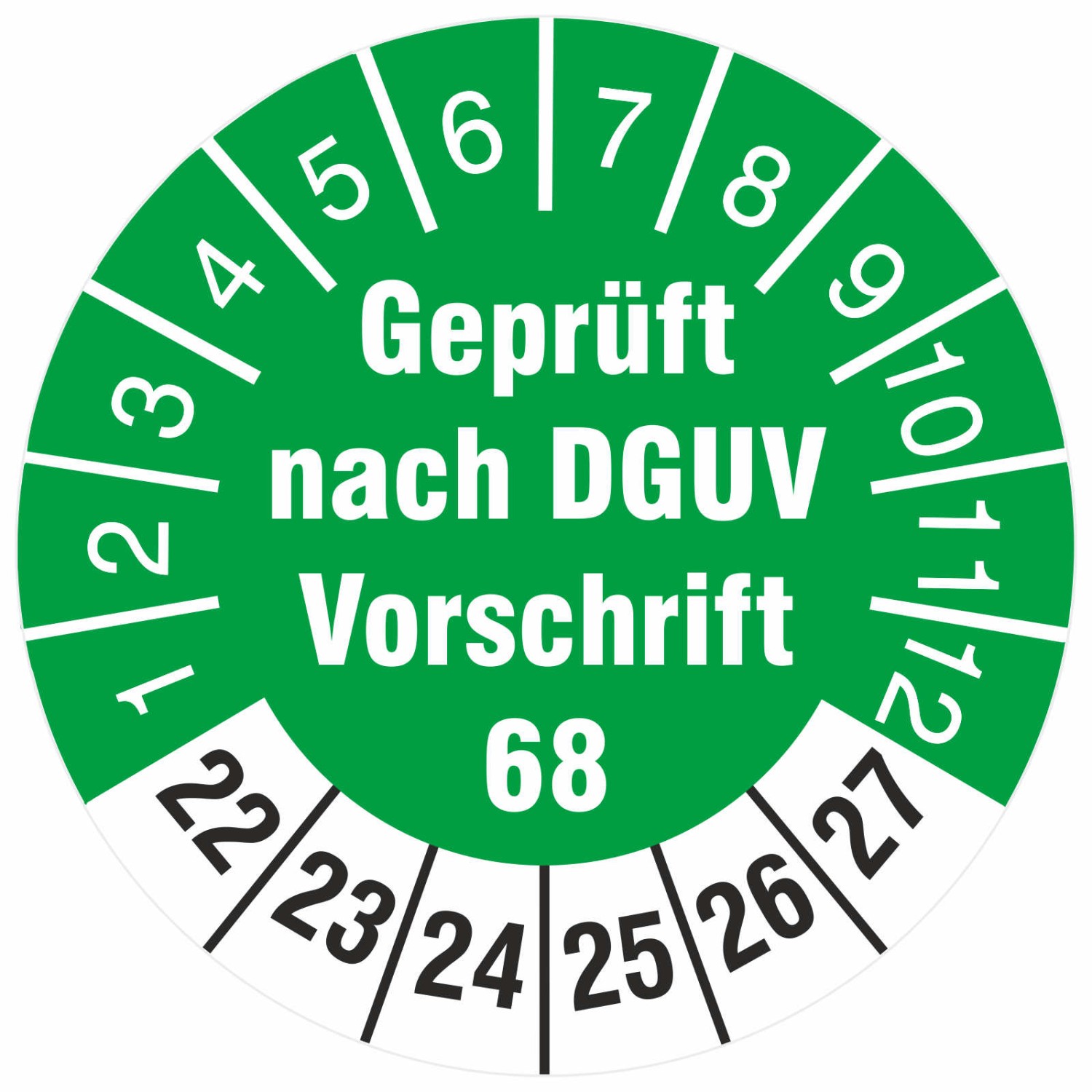 Prüfplaketten geprüft nach DGUV Vorschrift 68 Prüfetiketten 2022-27 (Durchmesser: 18 mm)