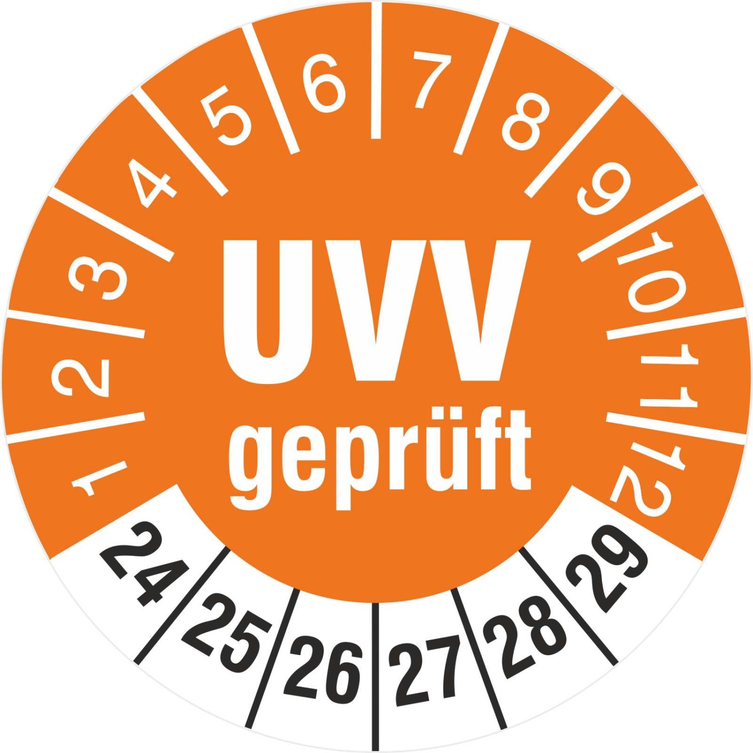 Prüfplakette UVV geprüft Prüfung 18 oder 30 mm Prüfetikett 2024-2029 (Durchmesser: 18 mm)