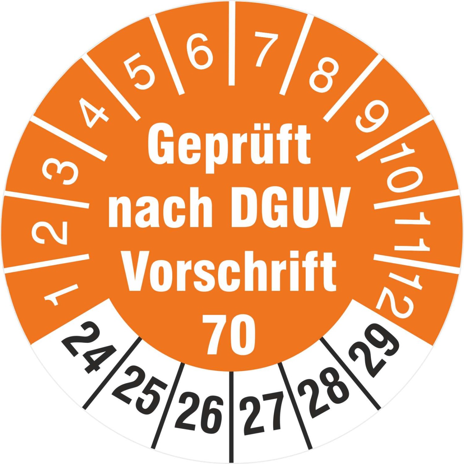 Prüfetiketten geprüft DGUV Information Vorschrift 70 Fahrzeuge 2024-29 (Durchmesser: 30 mm)