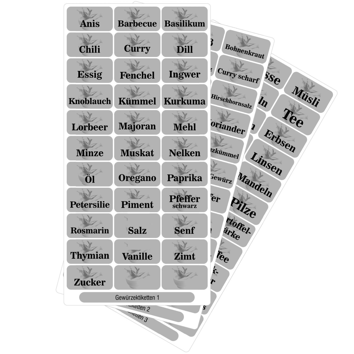 0. Foto Gewürzetiketten Vorratsetiketten 32x17mm (Farbe: silber Sorte (siehe Text): Teil 1, 2 und 3)