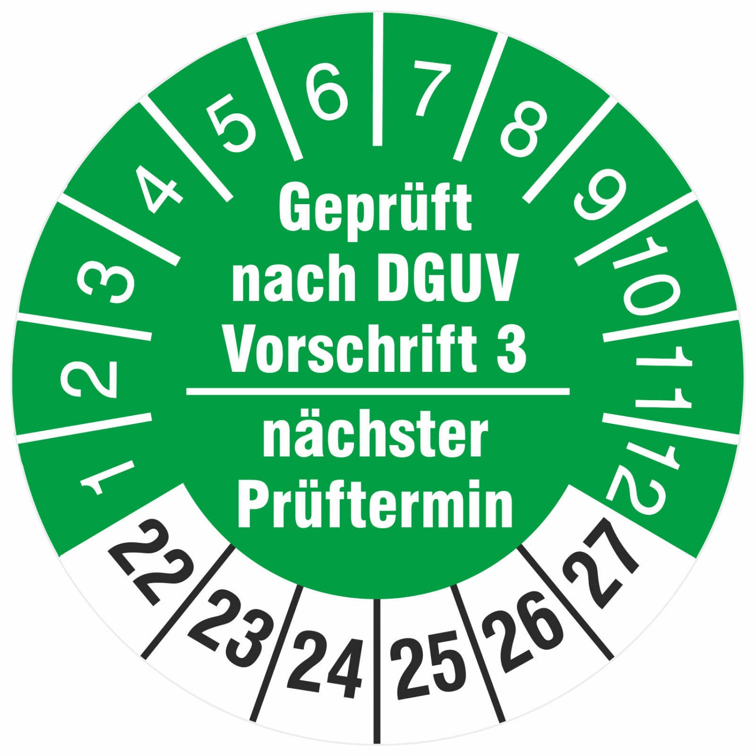 Geprüft nach DGUV Vorschrift 3 nächster Prüftermin Prüfetiketten 2022-27 (Durchmesser: 18 mm)