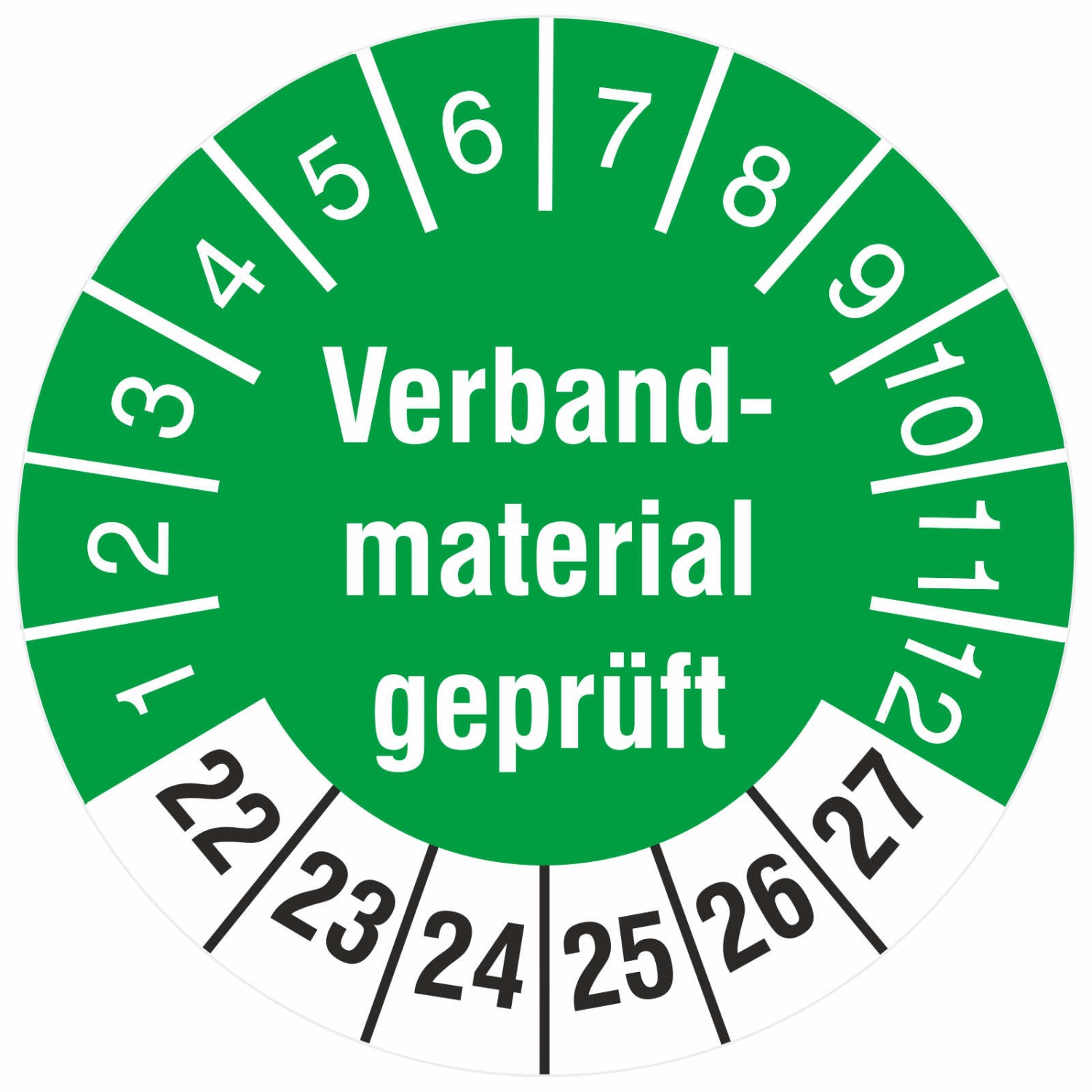 Prüfetiketten Verbandsmaterial geprüft Prüfplaketten 2022-27 (Durchmesser: 18 mm)
