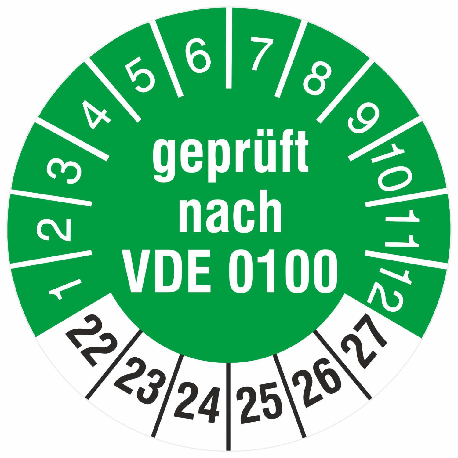 Prüfetiketten geprüft nach VDE 0100 Prüfplaketten 2022-27 (Durchmesser: 18 mm)