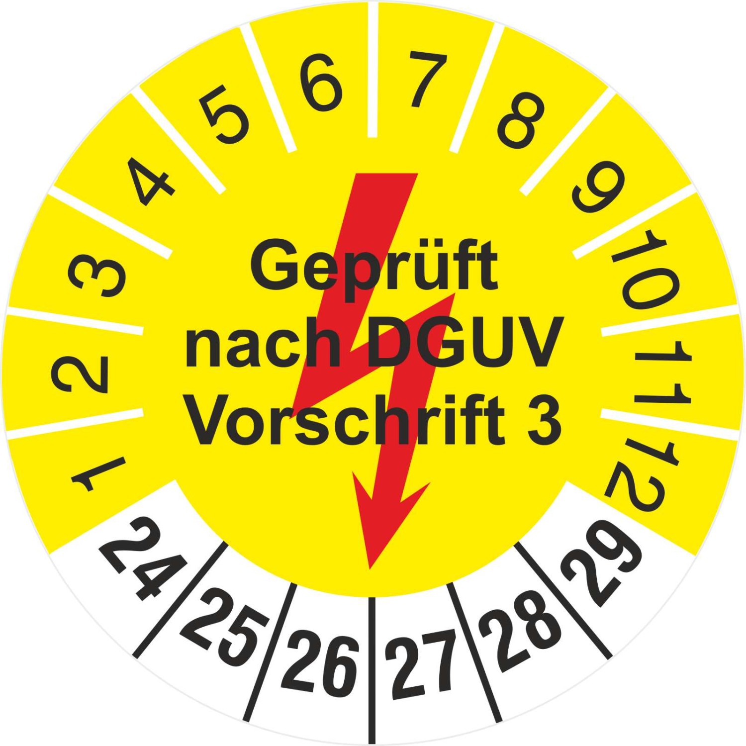 Prüfetiketten Geprüft nach DGUV Vorschrift 3 gelb mit Blitz 2024-2029 (Durchmesser: 30 mm)