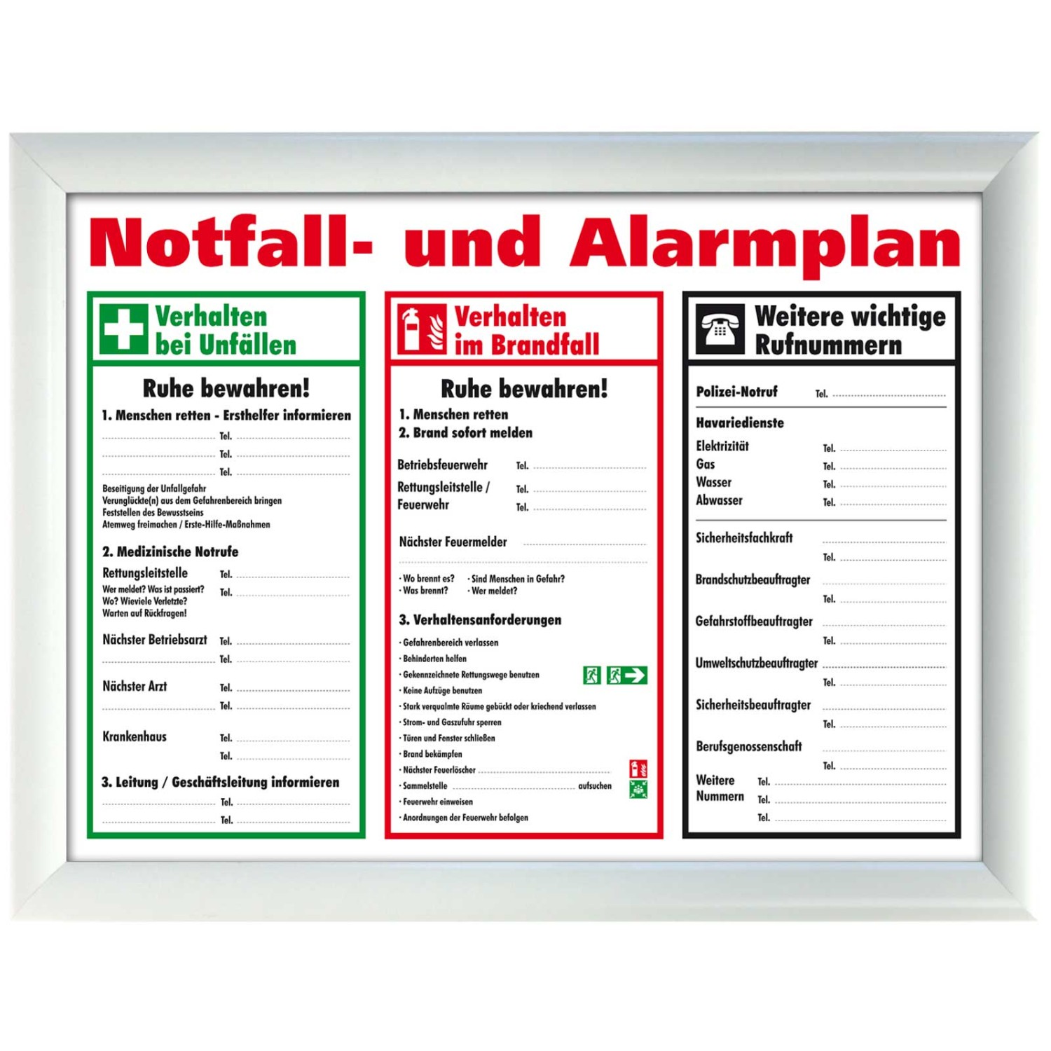 0. Foto Schild Aushang Notfallplan Alarmplan A4 A3 gerahmt zum beschriften (Format und Farbe: weiß A3 ca. 420 x 297 mm)