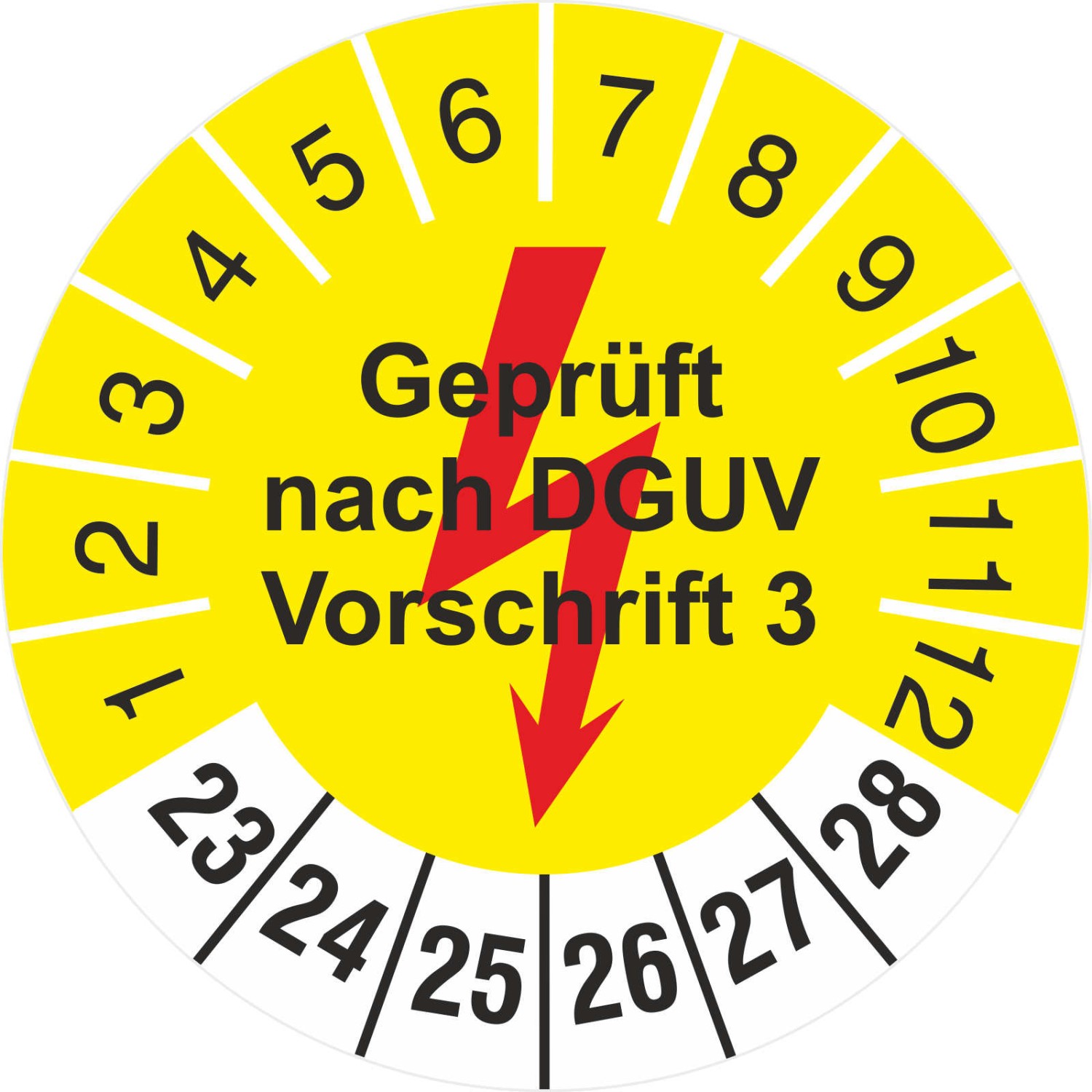 Prüfetiketten Geprüft nach DGUV Vorschrift 3 gelb mit Blitz 2023-2028 (Durchmesser: 30 mm)