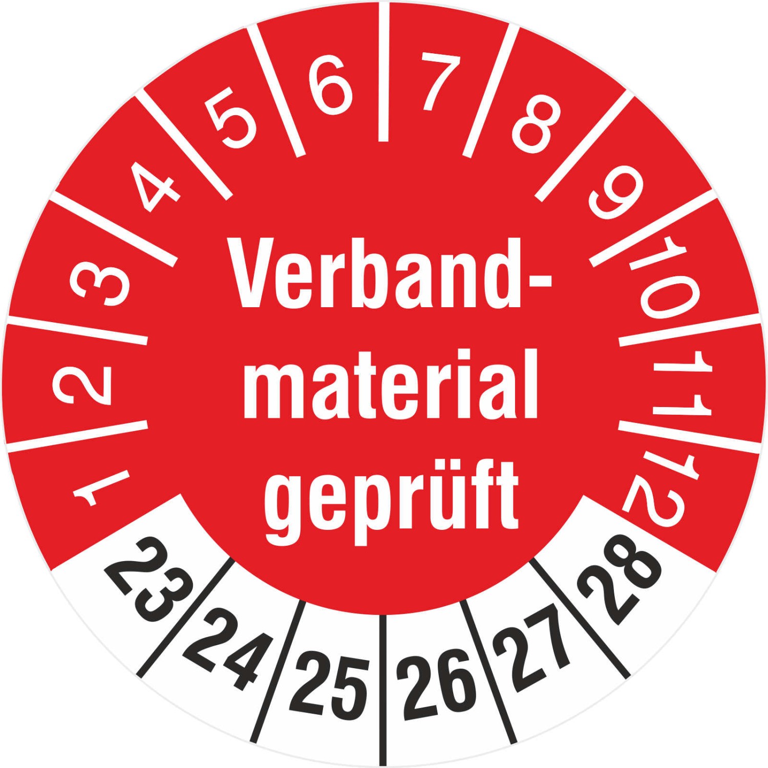 Prüfplaketten Prüfetiketten Verbandmaterial geprüft 2023-2028 (Durchmesser: 18 mm)