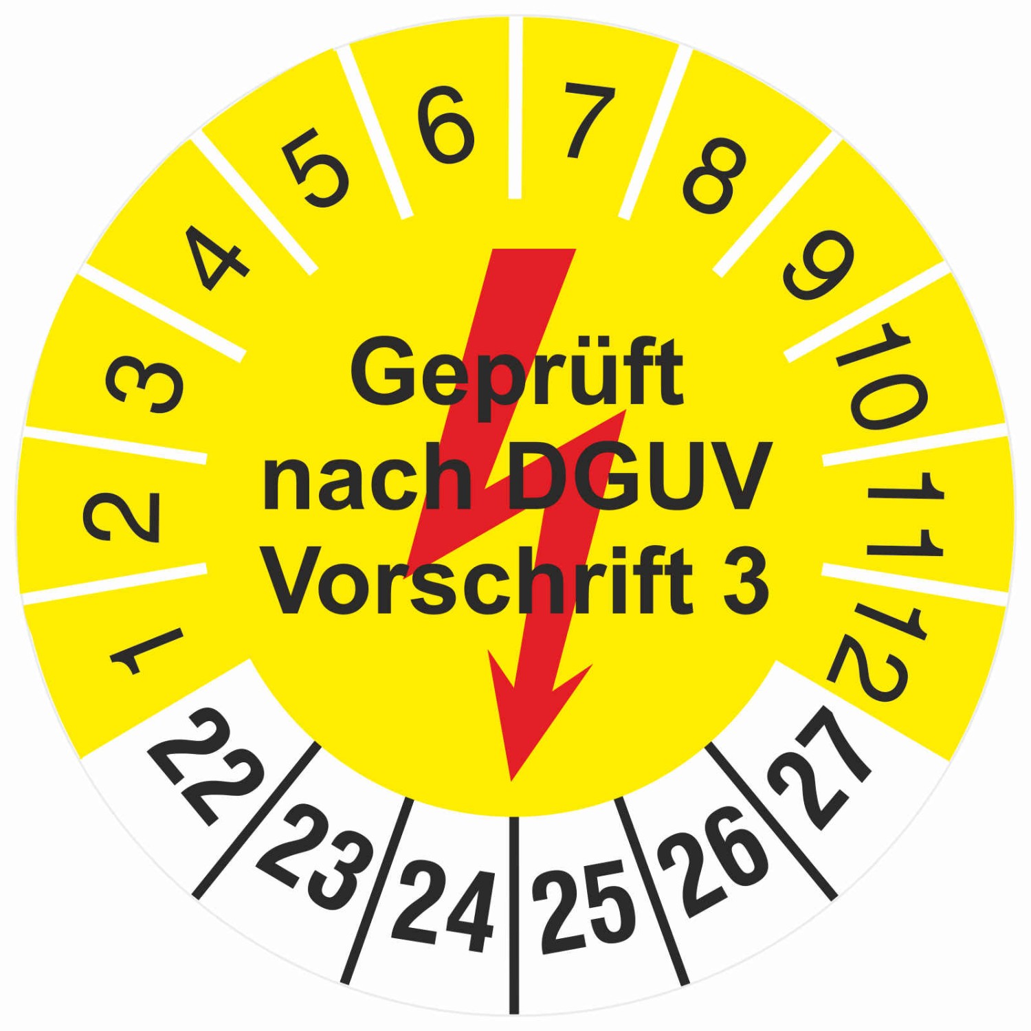 Prüfplakette Geprüft nach DGUV Vorschrift 3 gelb Prüfetiketten 2022 (Durchmesser: 18 mm)