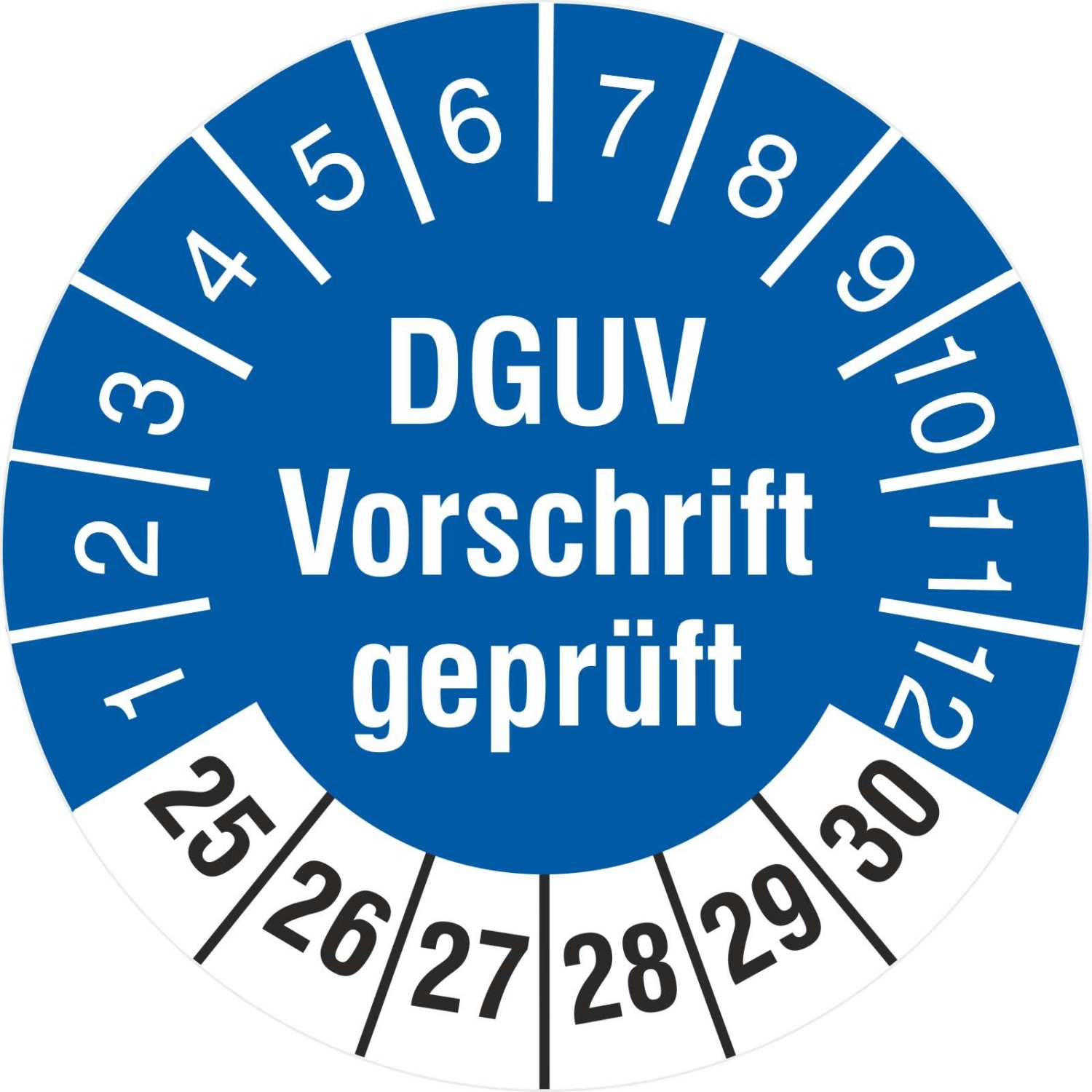 Prüfplaketten Geprüft nach DGUV Vorschrift 2025-2030 Prüfetiketten (Durchmesser: 18 mm)