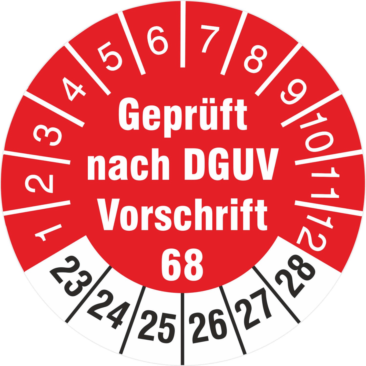 Prüfplaketten geprüft nach DGUV Vorschrift 68 Prüfetiketten 2023-28 (Durchmesser: 30 mm)