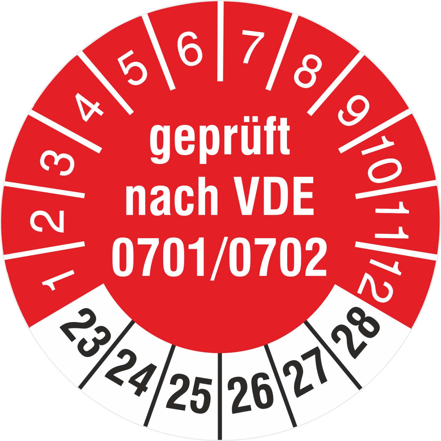 geprüft nach VDE 0701/0702 Prüfetikett Prüfplaketten 2023-28 (Durchmesser: 30 mm)