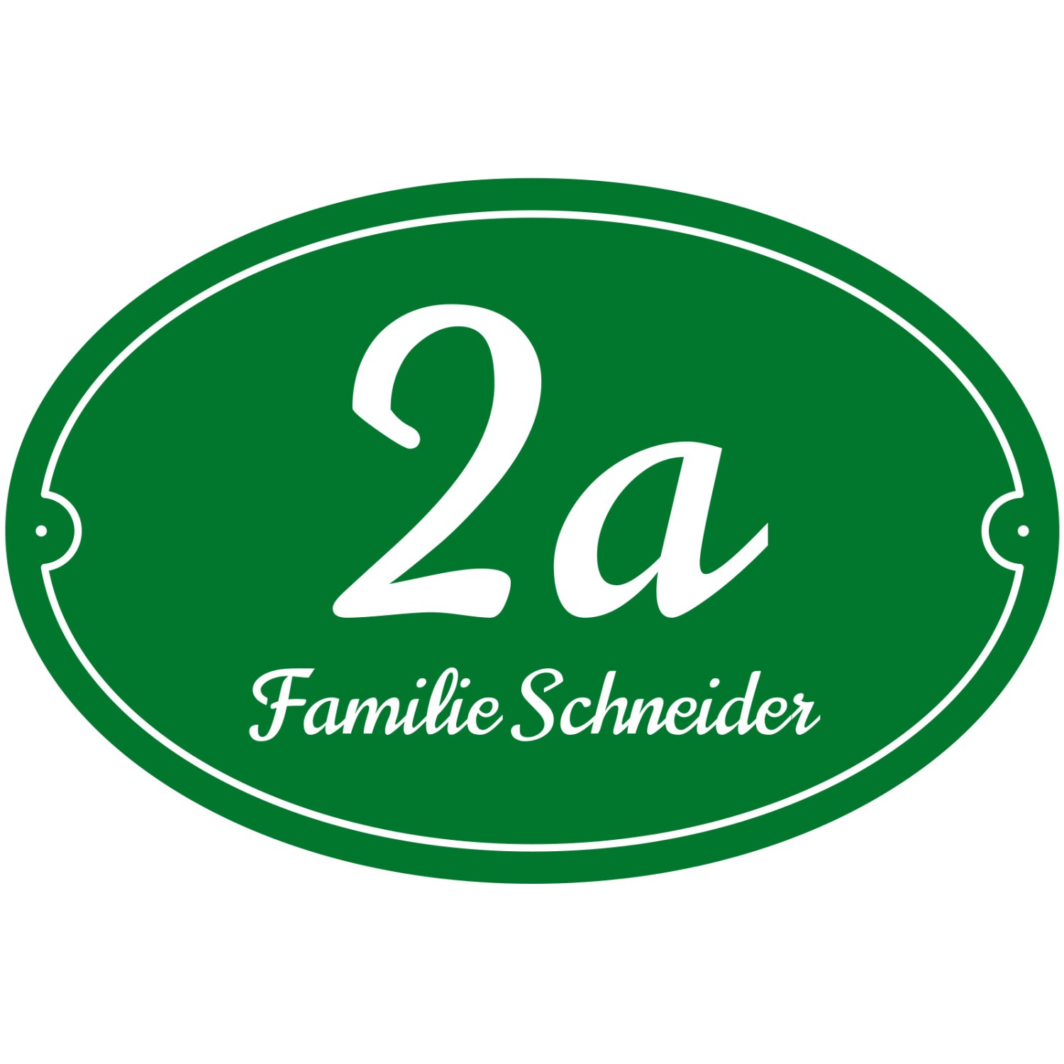0. Foto Hausnummer Schild oval mit Nummer und Name bedruckt (Grundfarbe: grün Schildgröße: 21 x 14 cm)