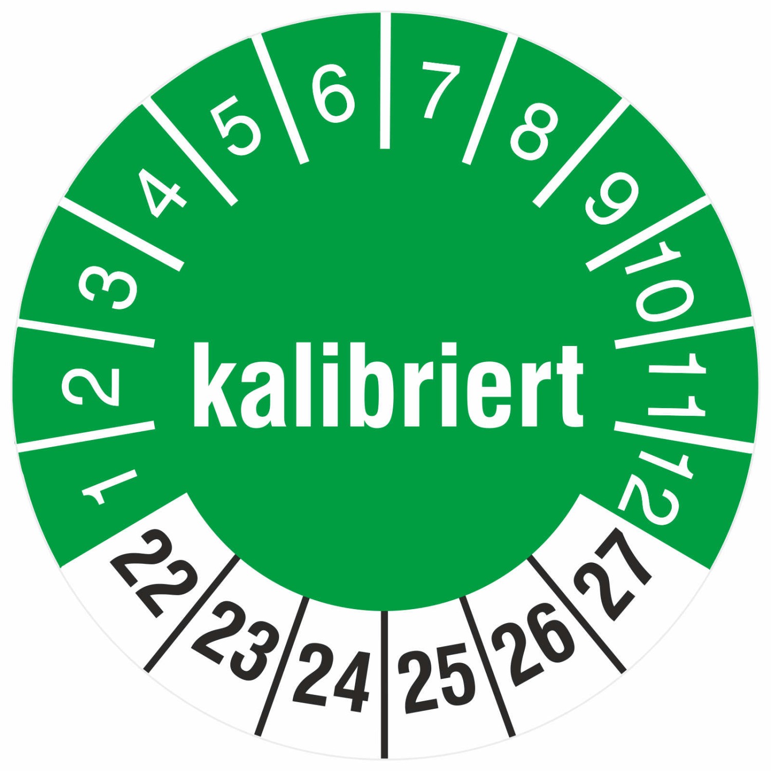 Prüfetiketten mit Aufdruck KALIBRIERT Prüfplaketten rund 2022-27 (Durchmesser: 18 mm)