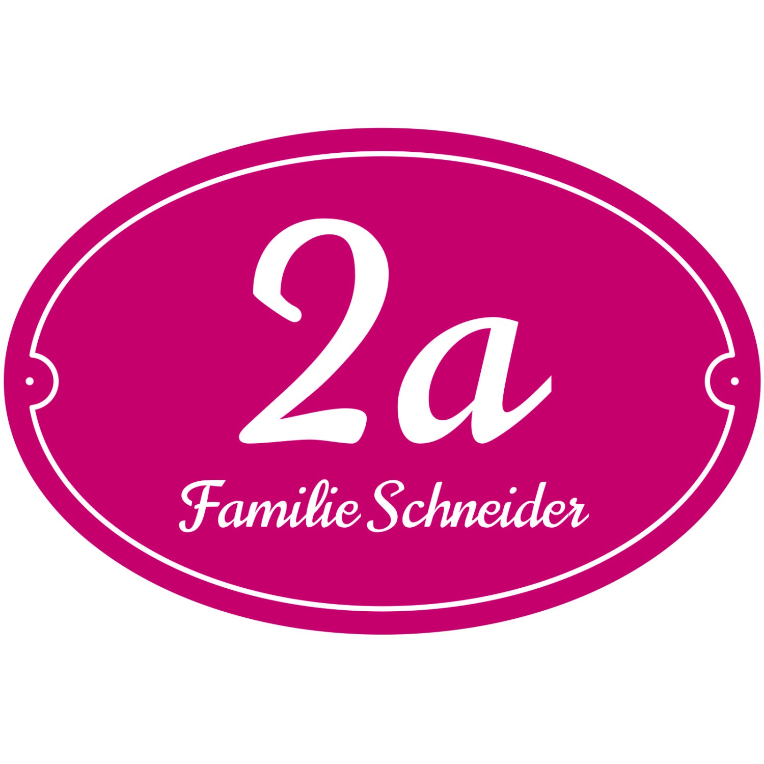 0. Foto Hausnummer Schild oval mit Nummer und Name bedruckt (Grundfarbe: pink Schildgröße: 30 x 20 cm)