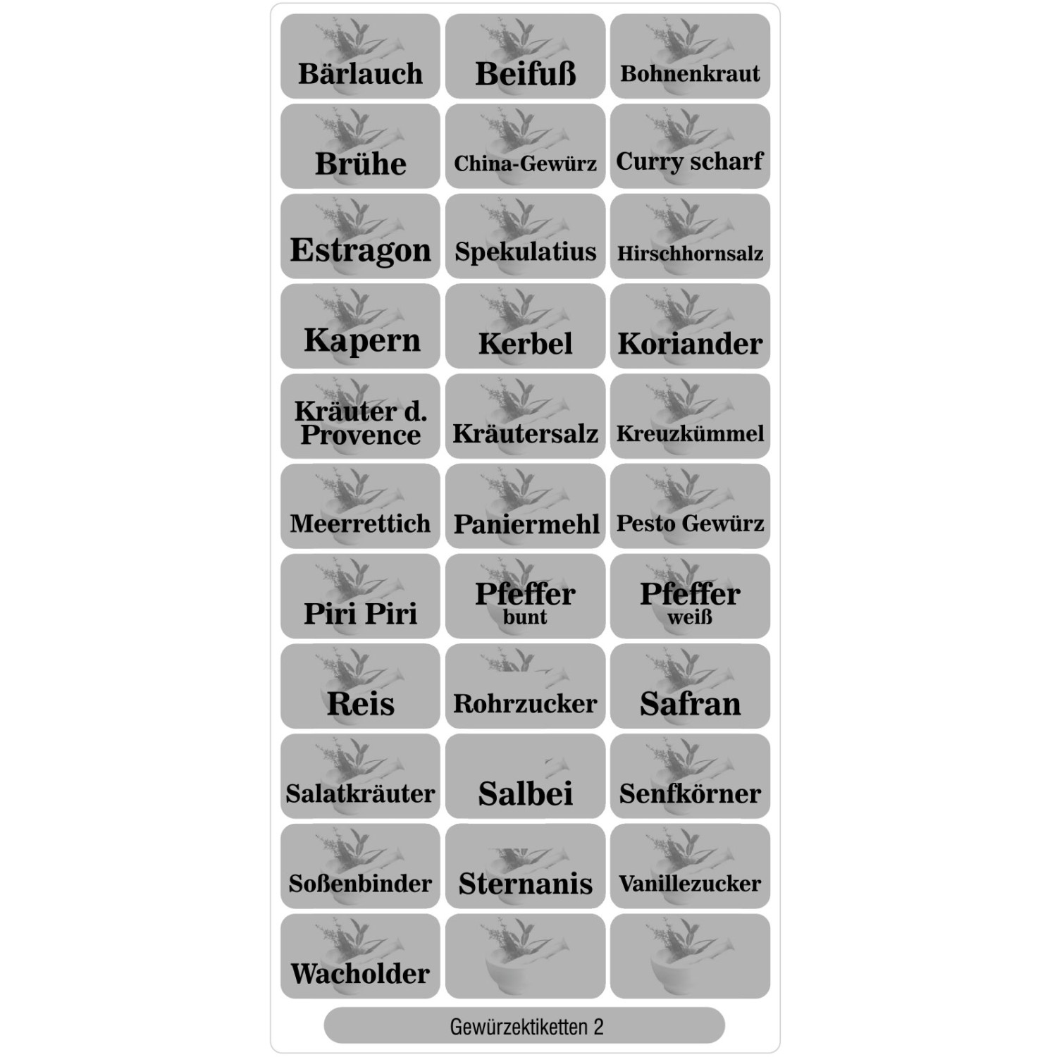Gewürzetiketten Vorratsetiketten 32x17mm (Farbe: silber Sorte (siehe Text): Teil 2)