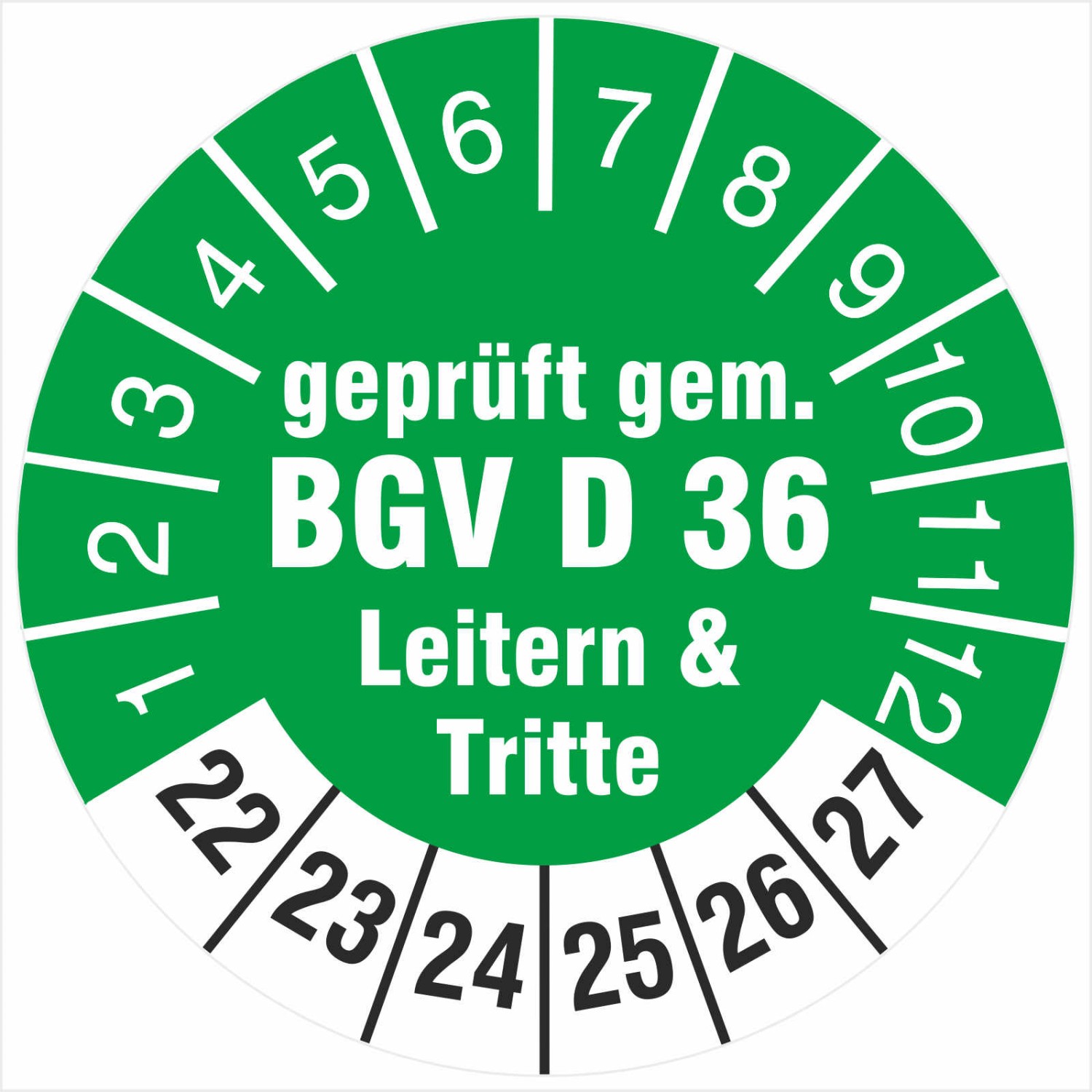 Prüfetiketten geprüft gem. BGV D 36 Leitern & Tritte 2022-2027 (Durchmesser: 18 mm)
