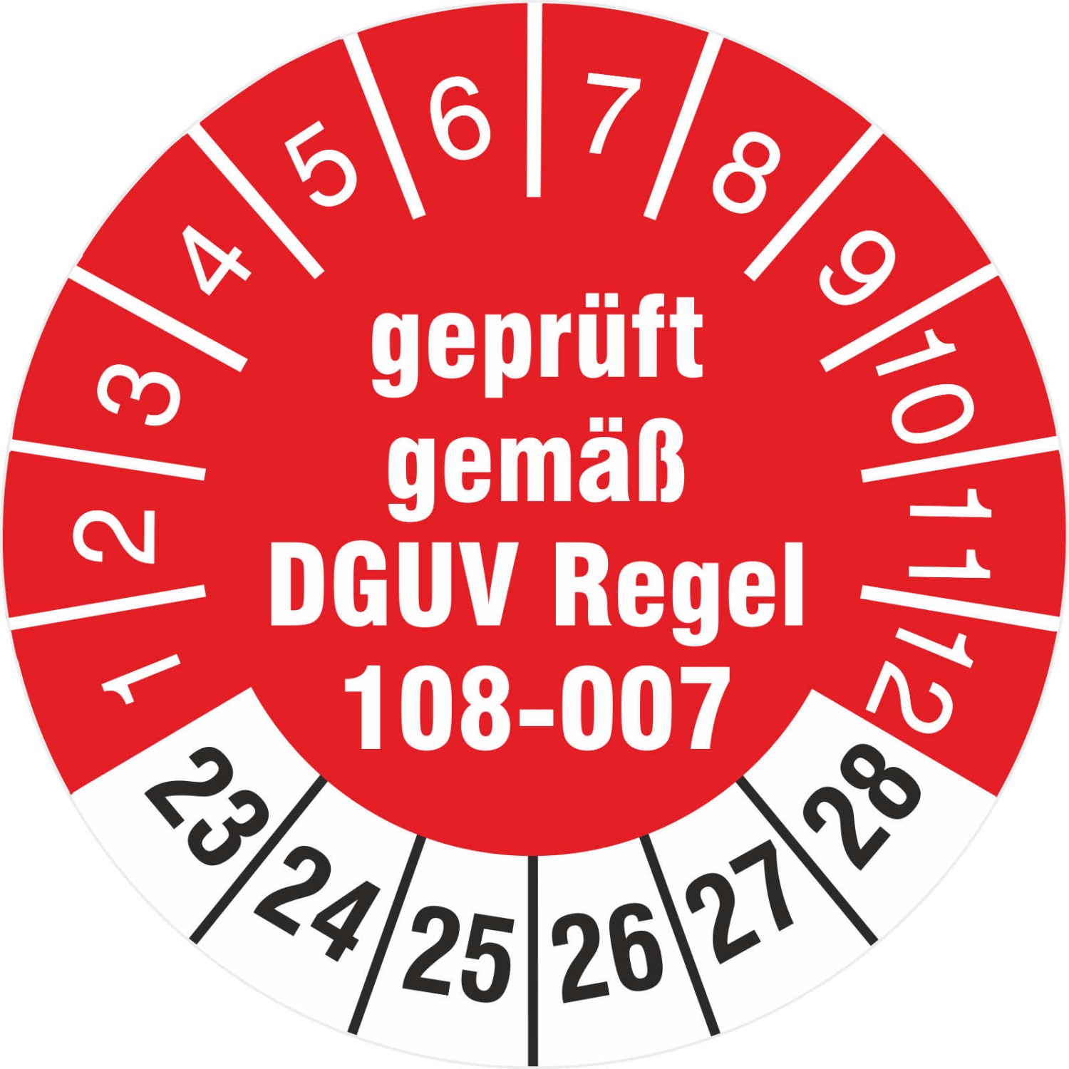 Prüfetiketten Lagereinrichtungen geprüft DGUV Regel 108-007 2023-2028 (Durchmesser: 30 mm)