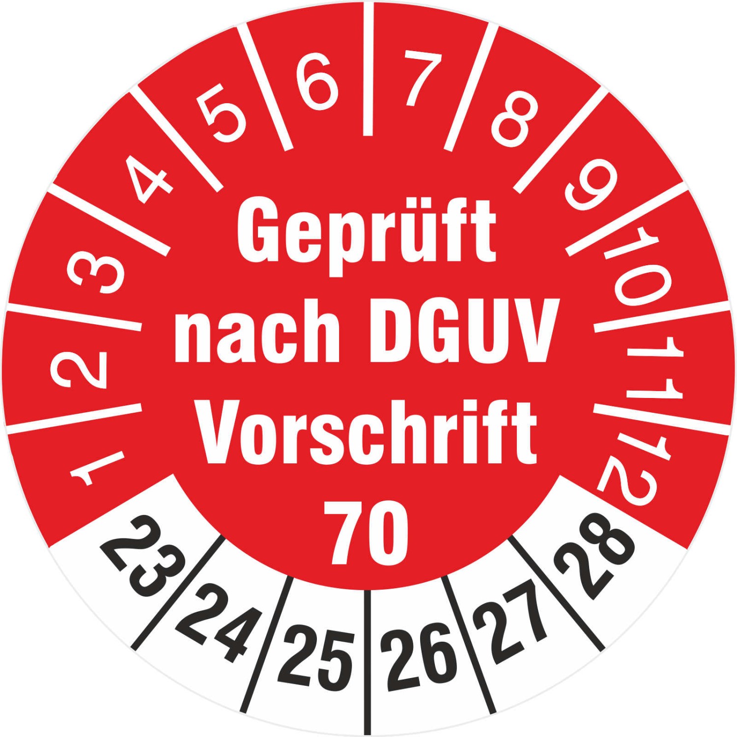 Prüfetiketten geprüft DGUV Information Vorschrift 70 Fahrzeuge 2023-28 (Durchmesser: 30 mm)
